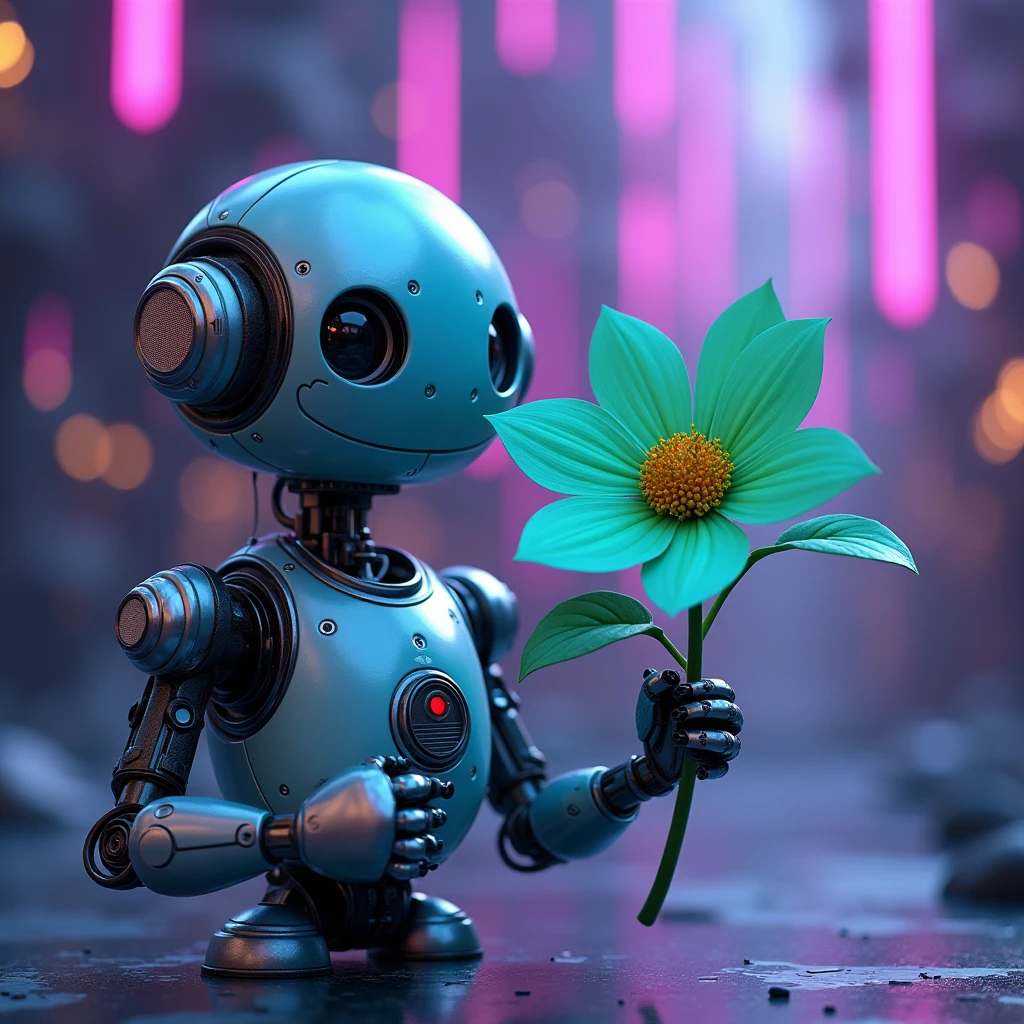 Create a realistic image of a cute robot holding a green flower mixed with blue, with a technological and detailed shimmering purple and blue background