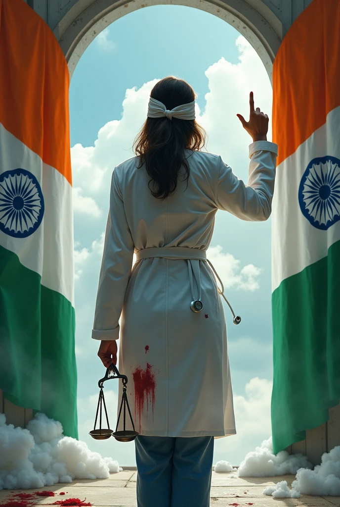 Female doctor wearing doctor's apron, holding justice symbol ⚖️ on one hand afraid and crying(blind fold),showing her back side infront of heaven door(typical cloudy and shiny heaven door), include indian tricolour flag. make it natural looking and tear her clothes like she got into road accident bleeding all over, Include indian tricolour flag behind her on the door on the both side of walls
I want to see her back side
Wearing stethoscope 🩺