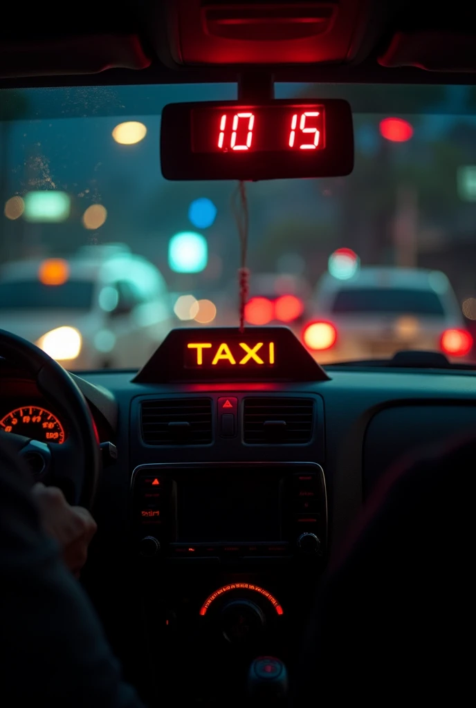 Internal cabin of a taxi without people with the taximeter showing a value of 10 on its red displays:15 and it has a nighttime background in a Latin American country and it has the look of a photo taken by a high-end cell phone