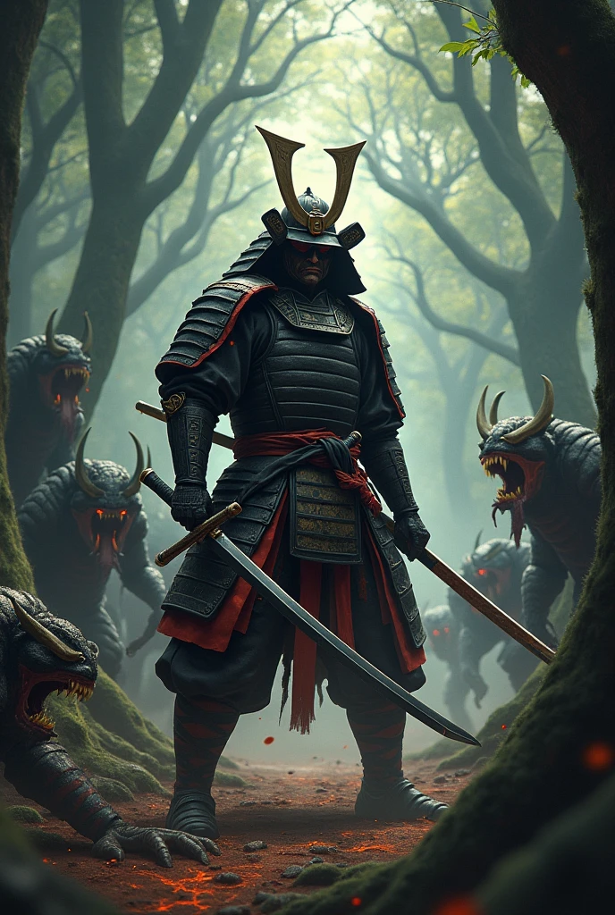 A samurai in a dense forest. attacking dark creatures, He wears traditional samurai armor, worn and with black and red details.