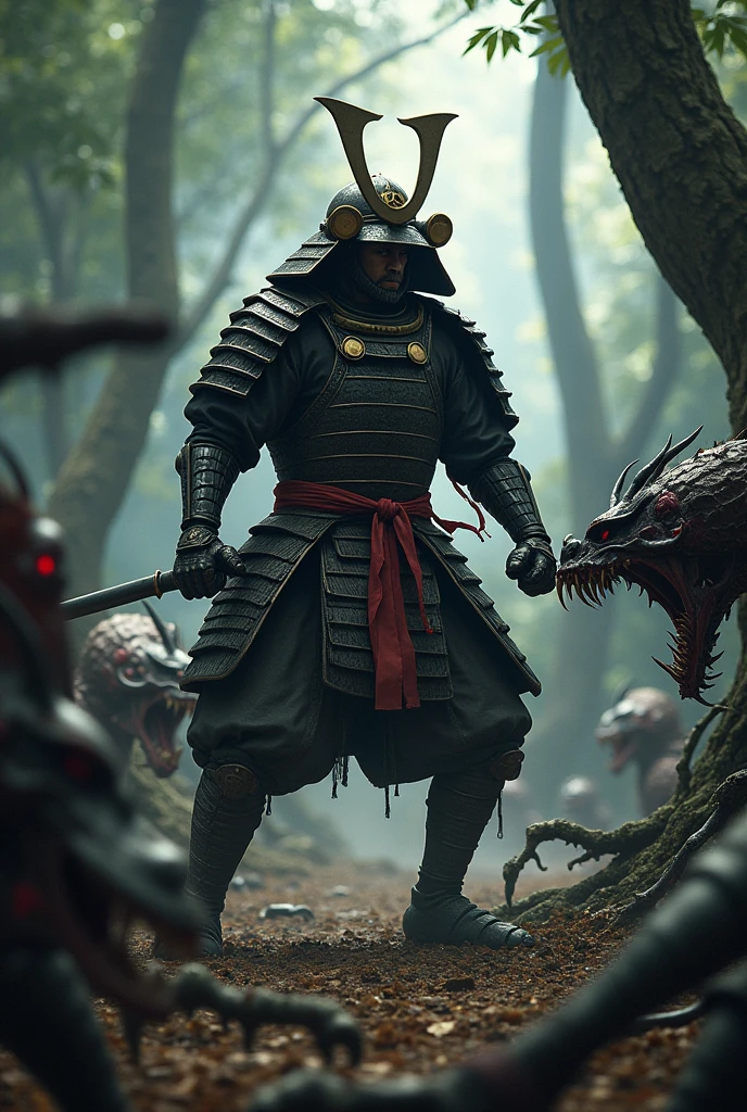 A samurai in a dense forest. attacking dark creatures, He wears traditional samurai armor, worn and with black and red details.