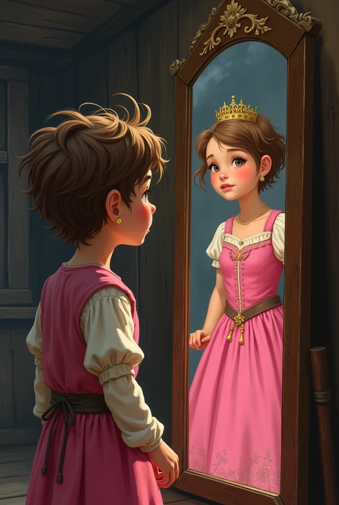 Create a medieval era boy dressed as a peasant looking at himself in the mirror, Reflecting her image in the mirror like a princess wearing a pink dress.