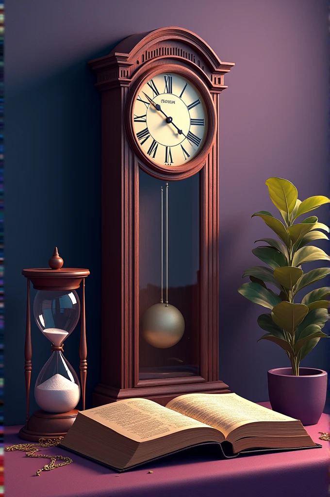 Create a very realistic and high-quality image made up of objects that represent time,like clock, plant, hour glass, Bible, bringing a biblical reflection, with striking colors using a purple palette, yellow and green
