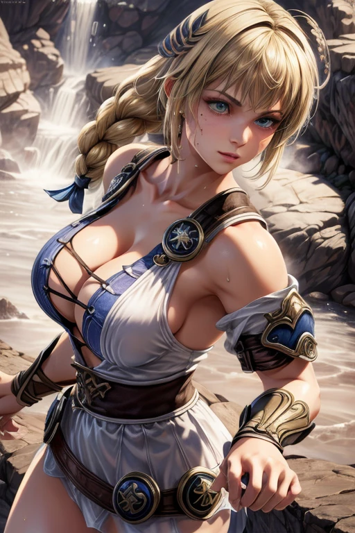 masterpiece, Highest quality,  Unreal Engine,  Super Resolution,  Very detailed, Complex, colorful, Clear images, Sharp focus, Digital Blending, 

Beautiful woman, Sophitia Alexandra, Perfect Eyes, Perfect Face, Ultra detailed hair, Ultra detailed face, Very detailed lips,Vivid expression, Healthy Body, Beautifully detailed sweat glands, Smooth skin texture, Carefully drawn,

(humidity:1.2), Beautiful Eyes, (Attractive face:1.2), (Beautiful Skin), (Big Breasts), Big Ass, Tight waist, Sticky with sweat, In a sexy pose,

In the world of Soul Calibur, In a mysterious cave, From the angle of the feet, 