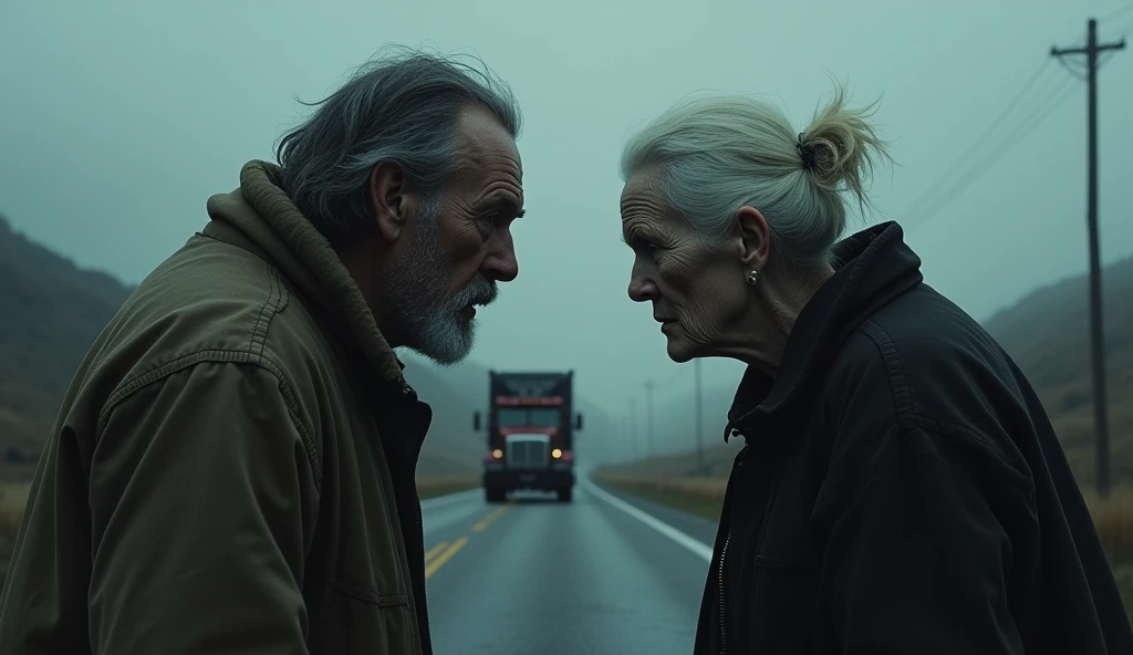 A truck driver was working when a very sinister old woman appeared on the road.