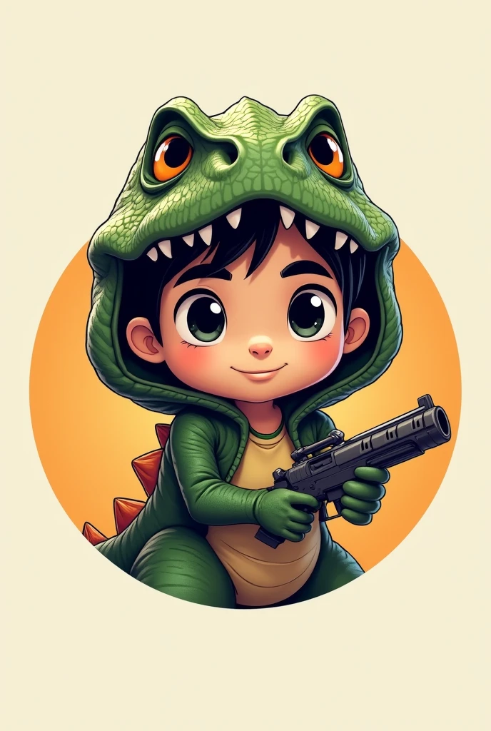 Create a logo of my animated face, I am of normal height, black hair, Egyptian-like nose, black eyes, normal mouth and eyebrows, small ears, and make the logo circular. 
With a dinosaur suit and a weapon in hand.