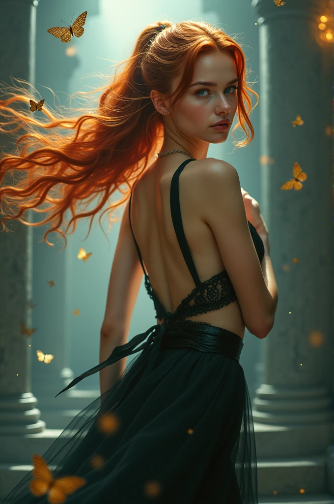 (solo, full body photo:1.3), (action packed:1.3), (haze, fog, mist:1.3), chiaroscuro, best quality, photorealistic, 1woman, (cute), (24yo:1.2), redhead, long ginger hair highly detailed, 1700'S, digital photography, art by artgerm and ruan jia and greg rutkowski surreal painting gold butterfly filigree, broken glass, (masterpiece, sidelighting, finely detailed Fashionable eyes: 1.2) (perfect oval large eyes that gazes at the viewer), beautiful detailed face, blue gorgeous perfect eyes, (blonde hair ponytail), (attractive young woman:1.3), (thick amazing hair), (seductive:1.1), (blushing:1.1)