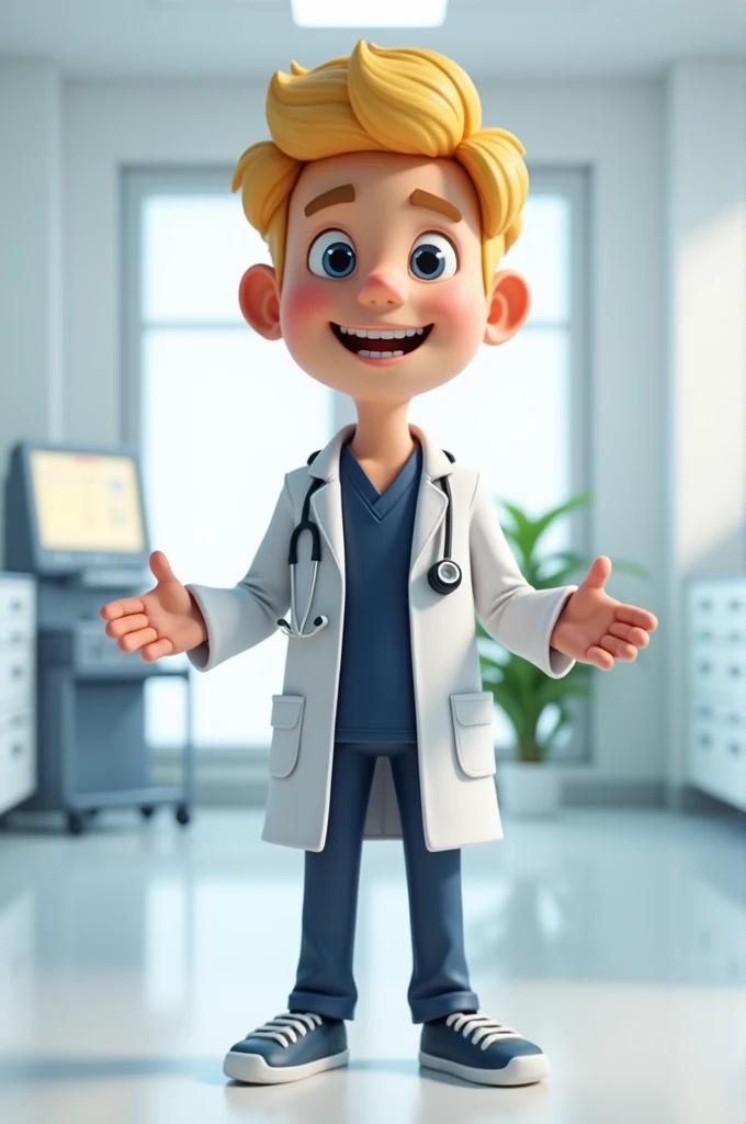 Create a mascot of a male blonde 3d animated character wearing a dark blue doctor's uniform