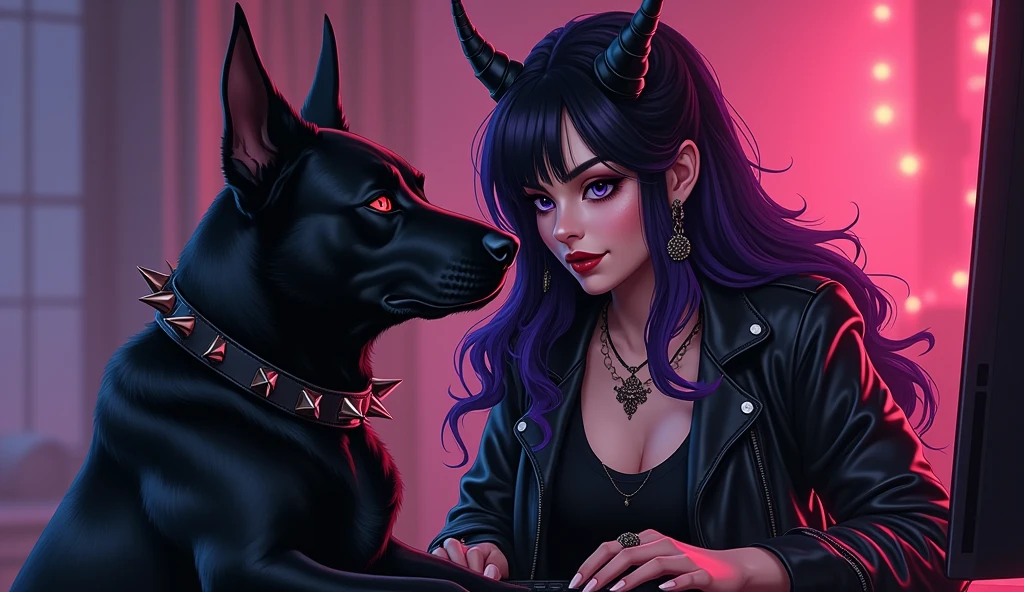 Character Descriptions:
Owner:
Appearance: A goth metal female with long, flowing black hair and striking purple highlights. Her style is dark and edgy, reflecting her love for heavy metal and all things spooky. She often wears band t-shirts, leather jackets, and dark makeup, with a preference for black and purple tones.
Personality: Despite her dark appearance, she has a sharp sense of humor and a playful side, especially when it comes to her beloved dog, Callizto. She’s a skilled gamer, particularly in World of Warcraft, where she leads raids with her guild, "La Danse Macabre."
Callizto:
Appearance: A sleek, black female Labrador with shiny fur and bright, intelligent eyes. In her demon form, she sports small, menacing horns, glowing red eyes, a spiked collar, and a flaming tail, adding a supernatural flair to her usually sweet demeanor.
Personality: Loyal and affectionate, Callizto is the owner’s constant companion, always ready to play or cuddle. However, she has a mischievous streak, often getting into trouble or surprising her owner with her antics. When transformed into her demon form, she embraces her darker, more playful side, especially when it comes to showing off her new powers.