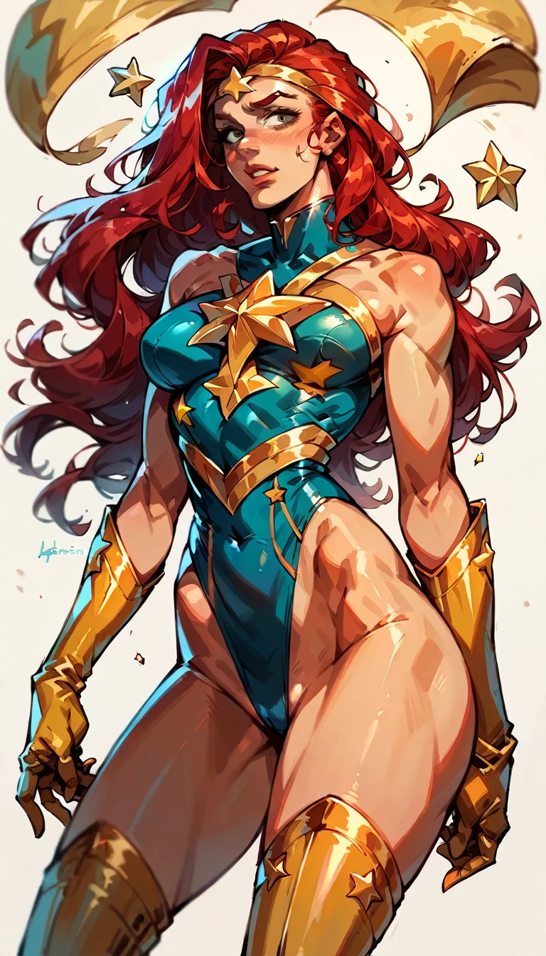 masterpiece, y, Superheroine, Red hair, long hair, busurvy, ((blue highleg leotard with a t-back thong and a gold star insignia on chest)), gold boots, gold gloves