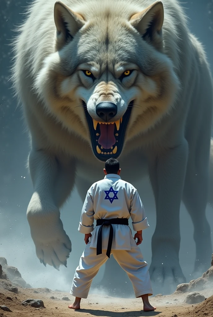 A karateka with the blue Israel star insignia on his chest about to fight the world&#39;s largest wolf with foam coming out of its mouth, The karateka logo should be on the chest, small., Not on the back 