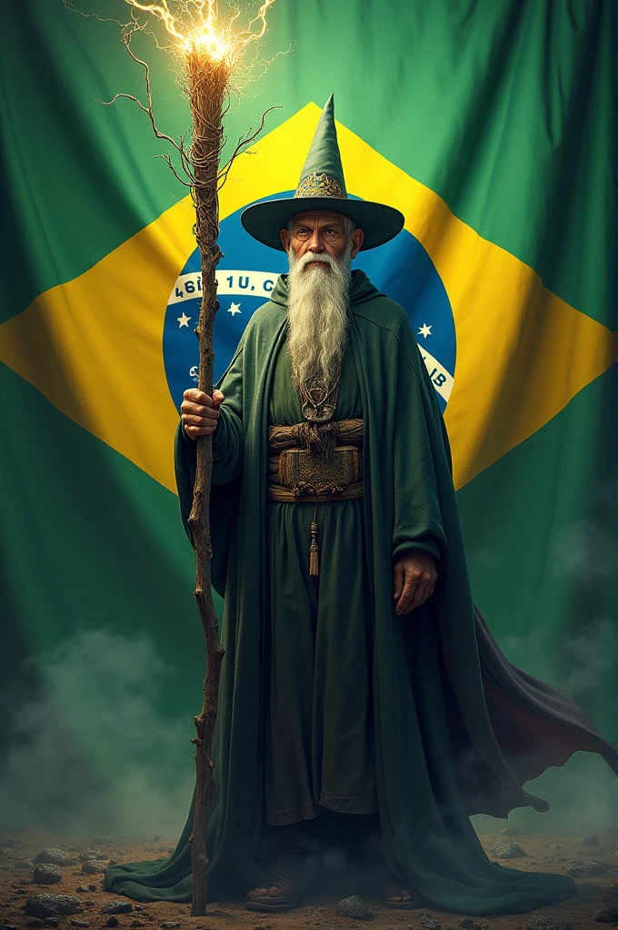 Brazilian flag with a wizard in the middle