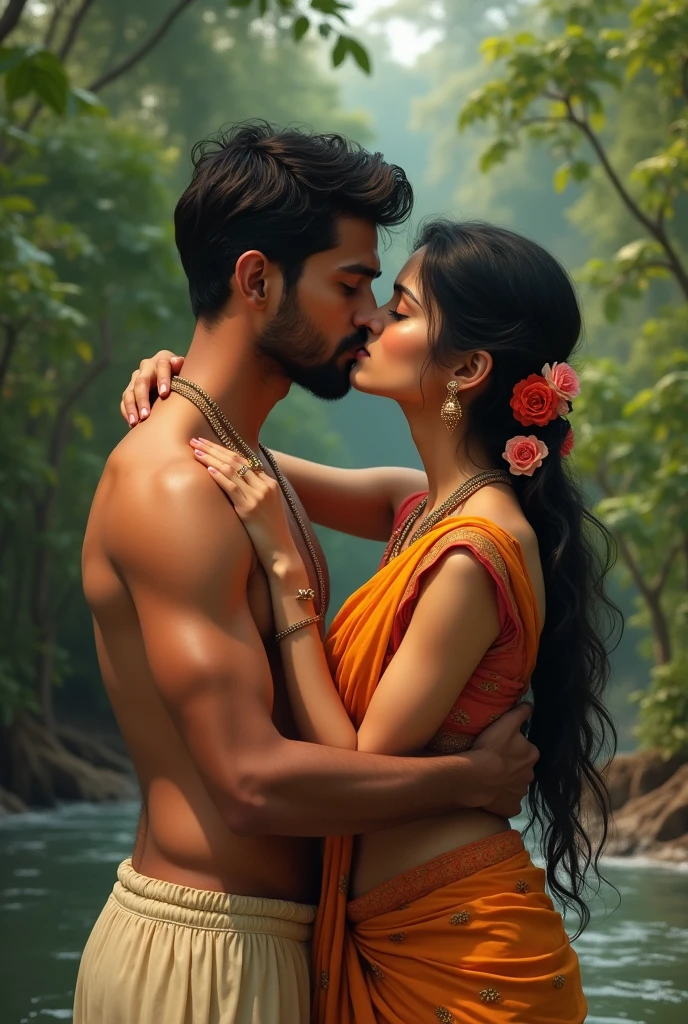 A Odia young girl going for bath, photorealistic, kissing her husband