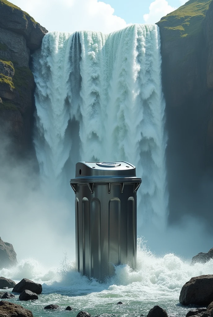 Ek bhut bade jharne me steel ka dustbin behte huye