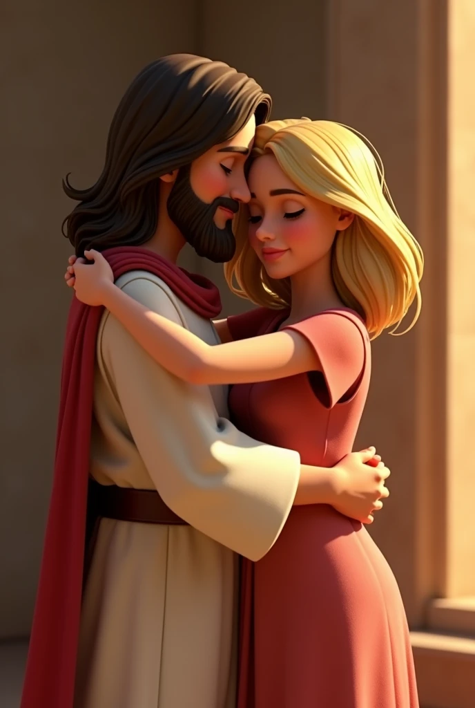 Jesus hugging a blonde woman, medium hair, chubby, from the back
Disney 3d format
