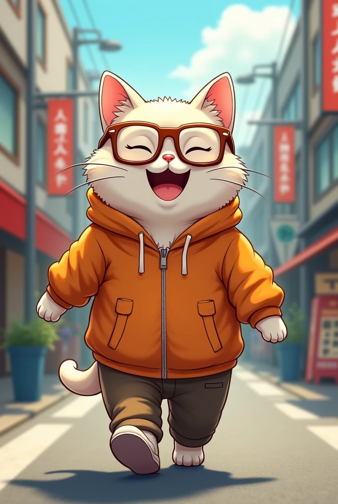 cute cat, closed eyes japanese, Grinning, with glasses, walking down the street, orange and brown clothes, baldie.