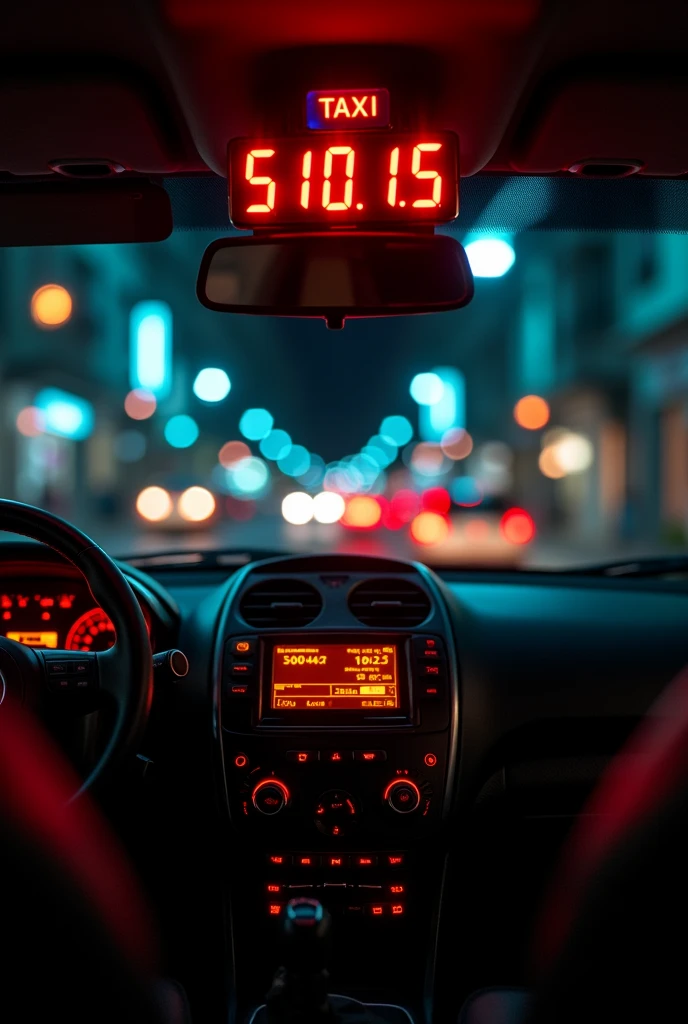 Internal cabin of a taxi without people with the taximeter showing a value of 10 on its red displays:15 and it has a nighttime background in a Latin American country and it has the look of a photo taken by a high-end cell phone