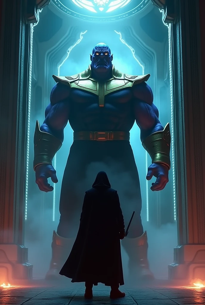 Create an image of Mr. Destiny masked in front of Thanos in a room similar to Palpatine's with LEDs and neon lights in the corners.. From the environment close-up photo