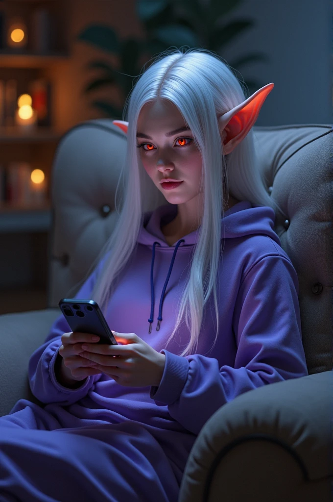 An elf,White hair, Eyes red,wearing a purple sweatshirt, sitting on a sofa, Using the cellphone.