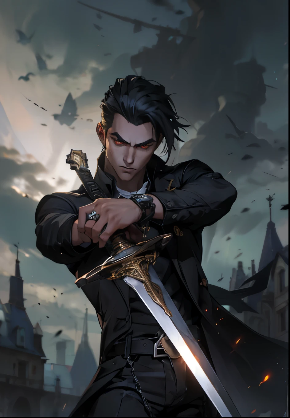 Gothic man long hair big sword honey eyes suit and black clothes security, Embers and building, Clock and details Buttons and chains 