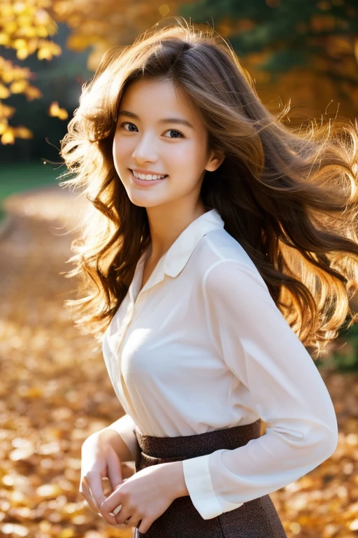 Golden Ratio,Highest quality, Soft Light, Ultra-high resolution, (Realistic:1.4), full_body,RAW Photos, One of the Japan, alone, cute, (pupil, Light in your eyes), Beautiful face in every detail,(High resolution detail of human skin texture), (Long Hair), Outdoor, Dress shirt,skirt, (Portraiture),autumn,smile,Black Hair,18-year-old,Wavy Hair,Curly hair,ロングskirt,High heels,elegant,Grace Kelly,Elegance