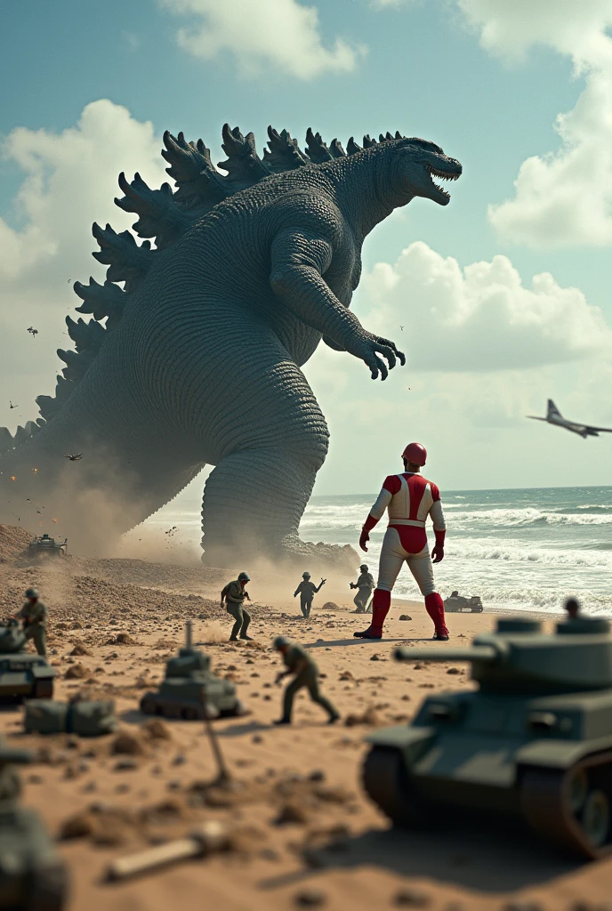 godzilla attack ultraman army day bomb . sea, beach . everywhere lot of soldier in battlefield.world war 2. tilt shift photography. lot of war. tank.aircraft 1940. air drop
