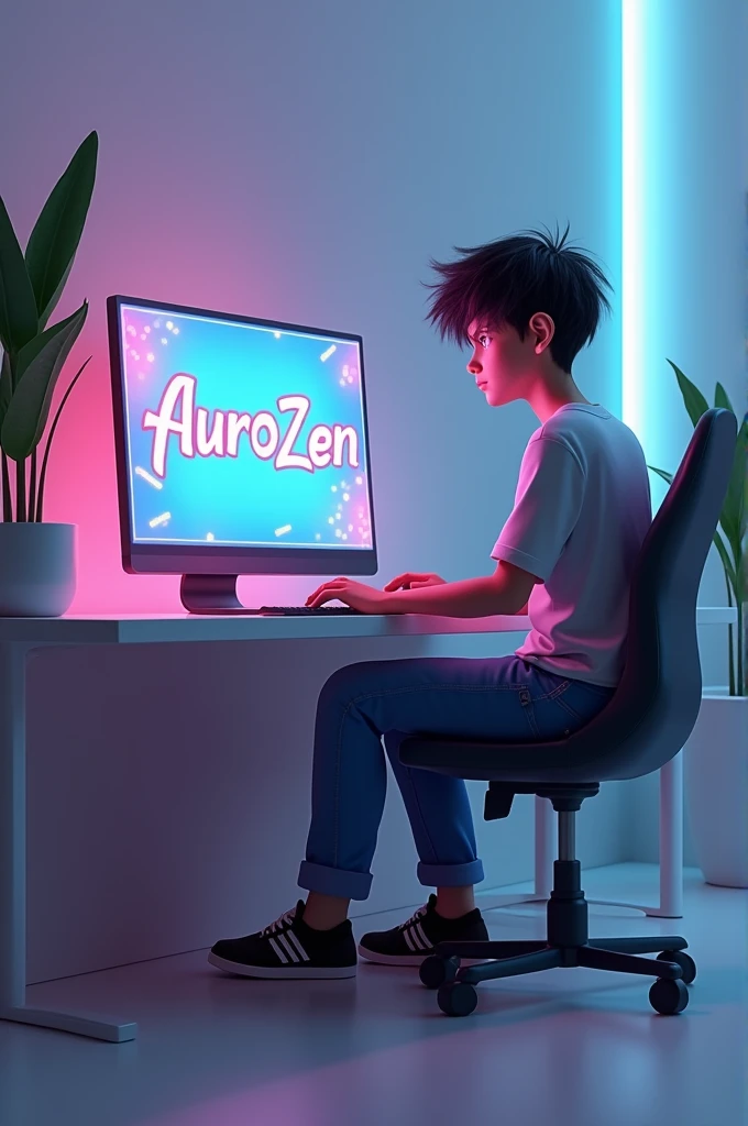 Create a 3D image of a character with a computer, and on the computer, display the full name AuroZen.