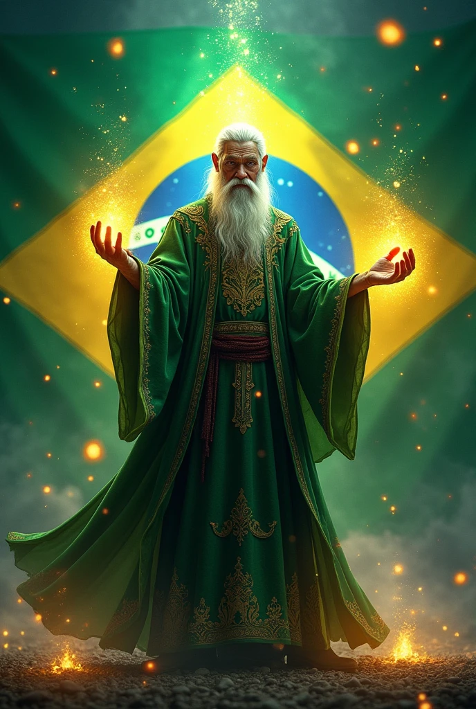 Brazilian flag with a wizard in the middle