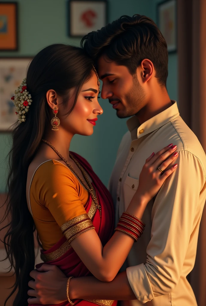 A Odia young girl going for bath, photorealistic, kissing her husband, she is White young girl with slim body and perfect boobs, wearing beautiful saree and blouse with sindoor on forehead near to hairs and mangalsutra on neck like traditional housewife