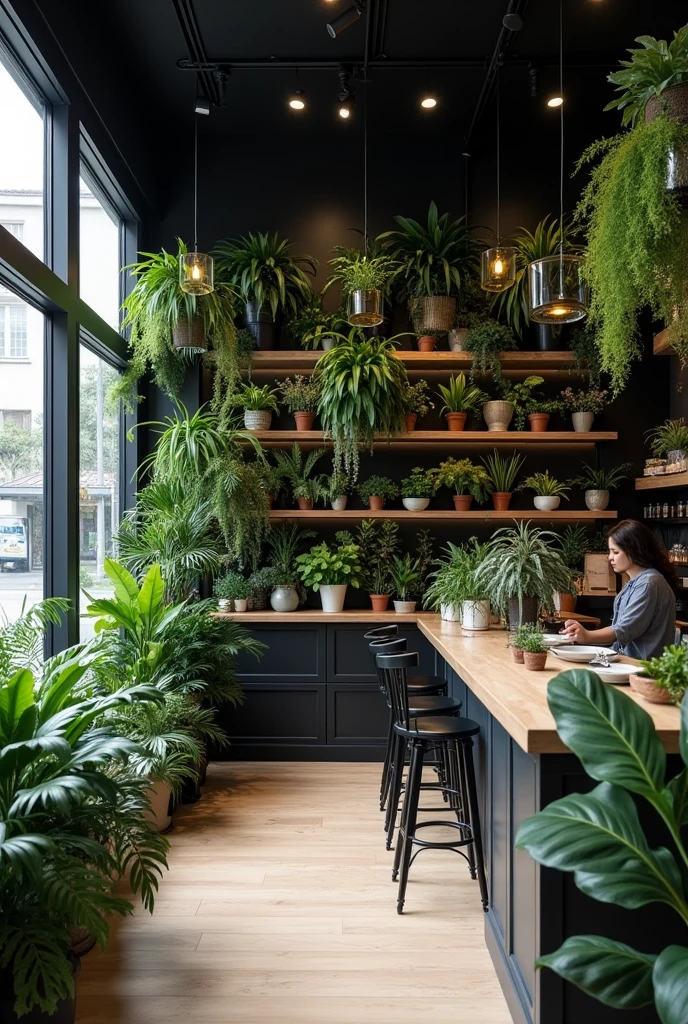 Create a cafe that includes a section where plants are sold.。Based on black。I want people to come in too.