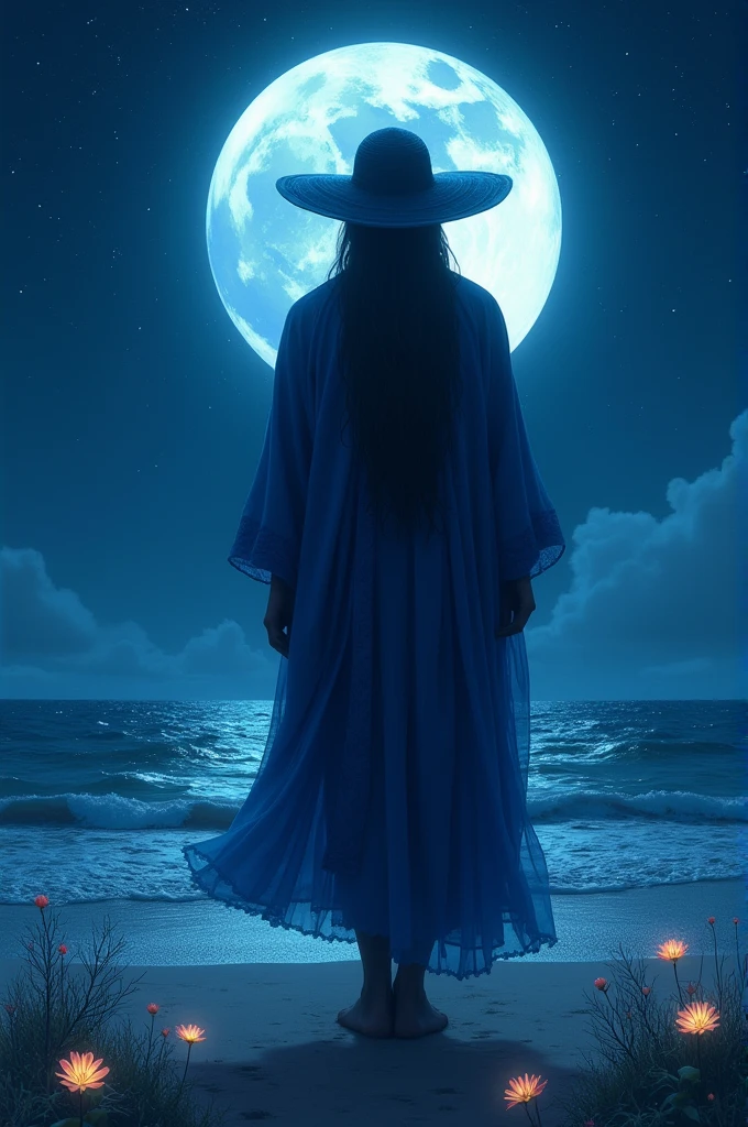 Faceless gypsy man in a blue outfit wearing a hat on the beach at night under the moonlight with flowers.