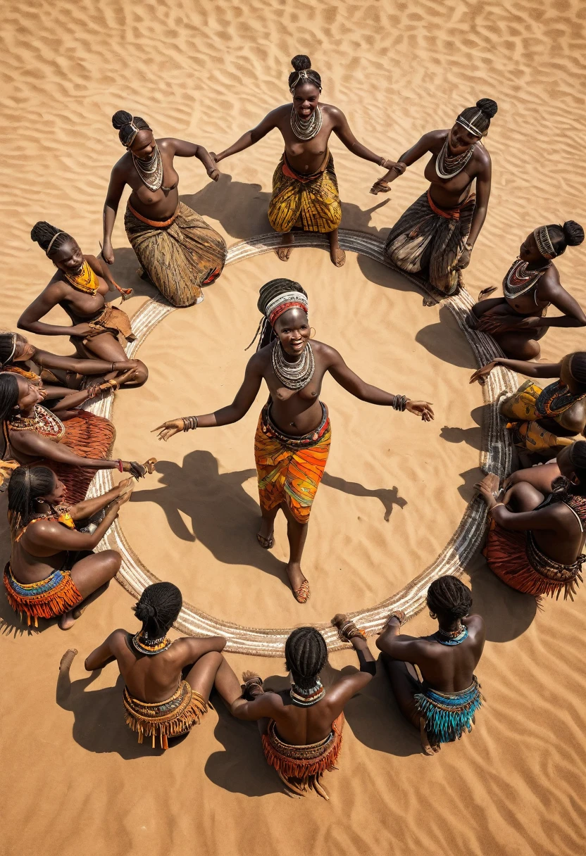 Full and complete view in the savannah of African women doing a tribal dance in a circle, beautiful primitive black African women with perfect realistic and detailed Negroid faces, well-defined feet and hands, bare torsos, very colorful image by Jean-Baptiste Monge, nfsw
