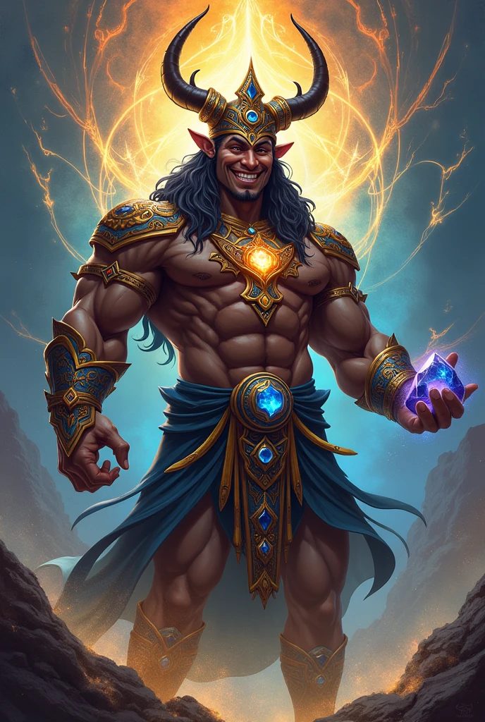 Orixa Exu, strong and smiling widely, holding a Sapphire.  ! 