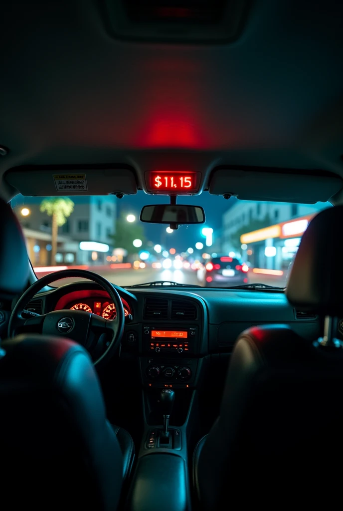 Internal cabin of a taxi without people with the taximeter showing a value of 10 on its red displays:15 and it has a nighttime background in a Latin American country and it has the look of a photo taken by a high-end cell phone