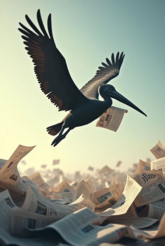 Pelican with a newspaper on its wing above many newspapers