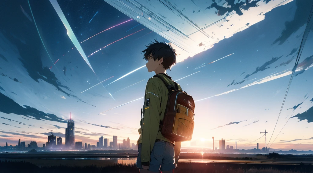The vast sky, beautiful skyline, large grasslands, extremely tense and dramatic pictures, moving visual effects, the high-hanging Polaris, and colorful natural light. Long-sleeved top, denim shorts, and a boy with a backpack.