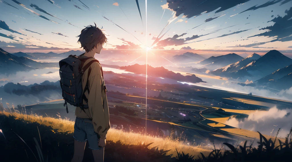 The vast sky, beautiful skyline, large grasslands, extremely tense and dramatic pictures, moving visual effects, the high-hanging Polaris, and colorful natural light. Long-sleeved top, denim shorts, and a boy with a backpack.