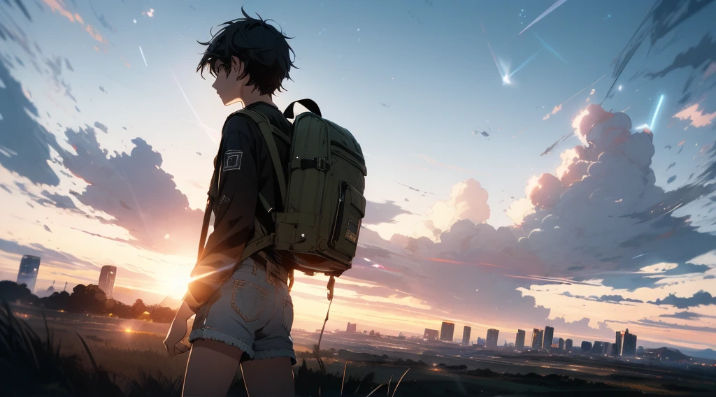 The vast sky, beautiful skyline, large grasslands, extremely tense and dramatic pictures, moving visual effects, the high-hanging Polaris, and colorful natural light. Long-sleeved top, denim shorts, and a boy with a backpack.
