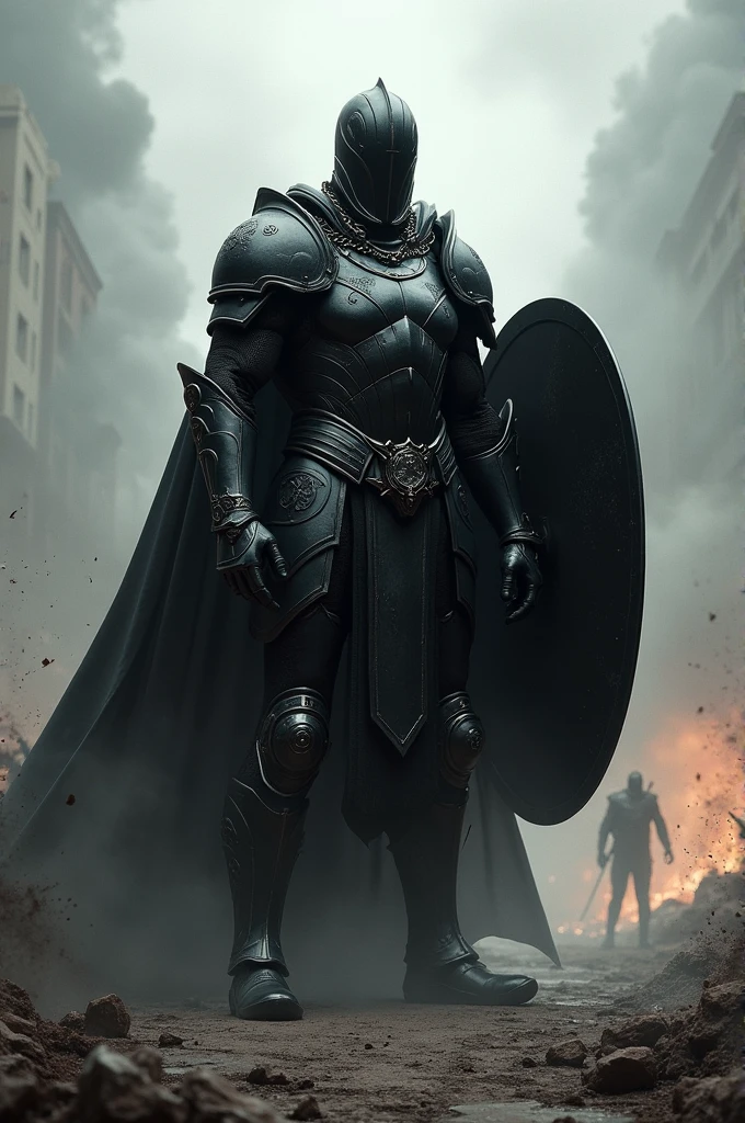 A warrior with all-black armor and shield in a chaotic setting