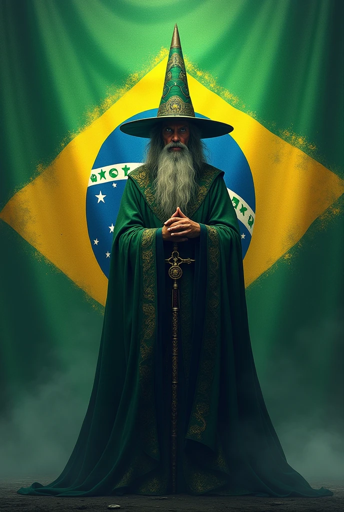 Brazilian flag with a wizard in the middle