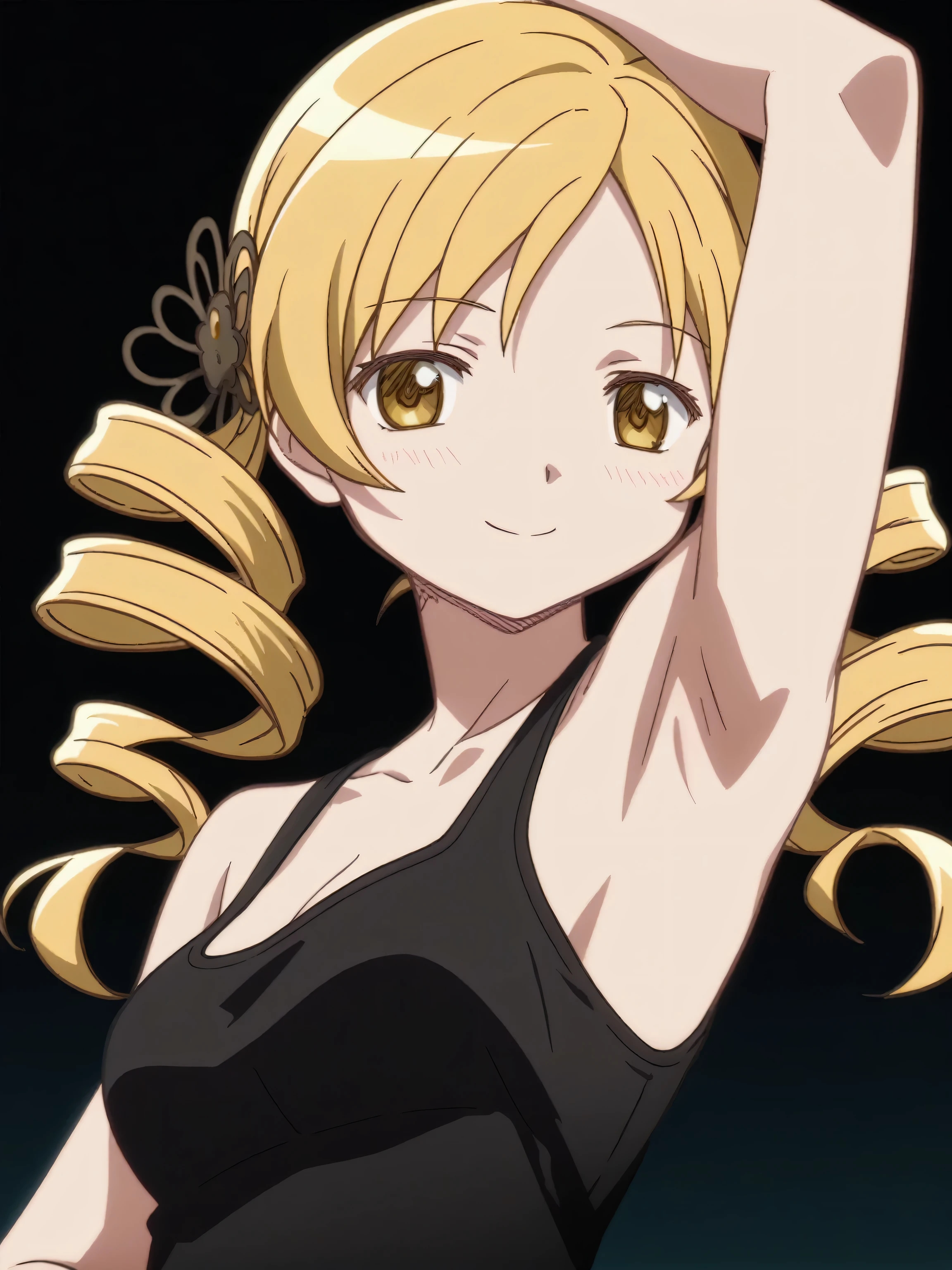 score_9, score_8_up, score_7_up, source_anime, anime screencap, Mami Tomoe, sweater, ribbed sweater, ribbed, turtleneck, turtleneck sweater, black sweater, sleeveless sweater, bare shoulders, bare arms, looking at viewer, eye contact with viewer, smile, closed mouth, light blush, sleeveless, bare shoulders, black background, arms up, raised arms, arms behind head, armpits