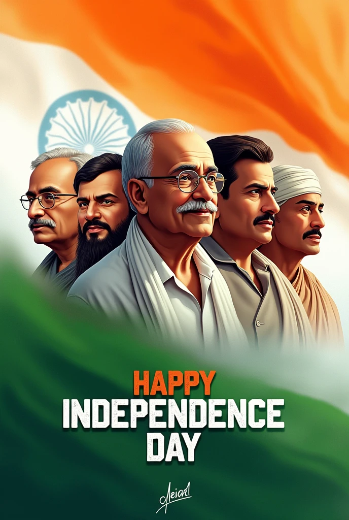 Create the happy independence day poster use Indian freedom fighter heroes face heroes name Mahatma Gandhi Subhash Chandra Bose Swami Vivekananda Bhagat Singh Chandrashekhar Azad and use Indian flag and Indian flag colour