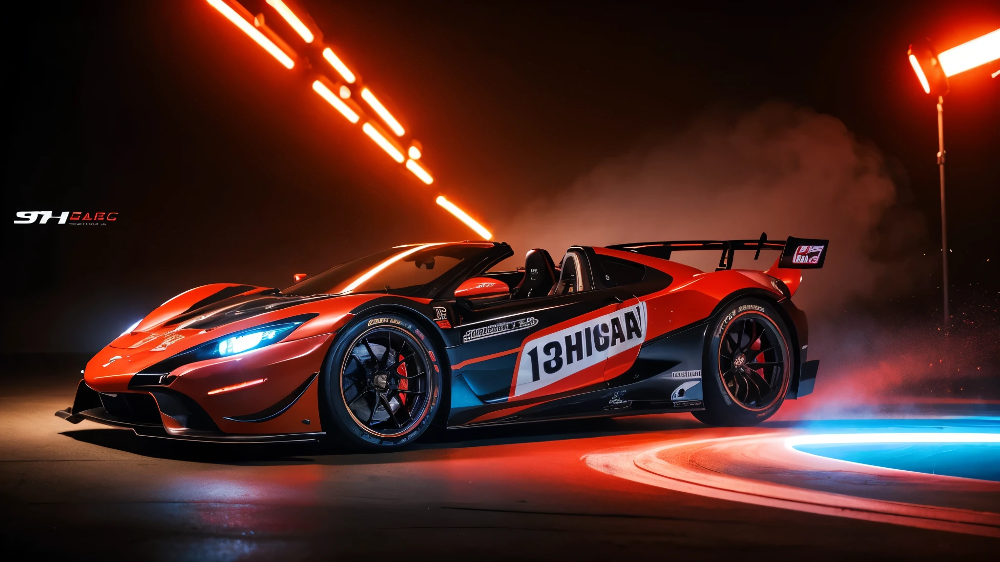 a asian woman, 1girl, formula race car, racing banner, dramatic black and red lighting, (best quality,4k,8k,highres,masterpiece:1.2),ultra-detailed,(realistic,photorealistic,photo-realistic:1.37),extremely detailed eyes and face,longeyelashes,dramatic pose,dynamic action,high speed motion blur,studio lighting,cinematic composition,vivid colors,chiaroscuro lighting,hyper-realistic,professional photography