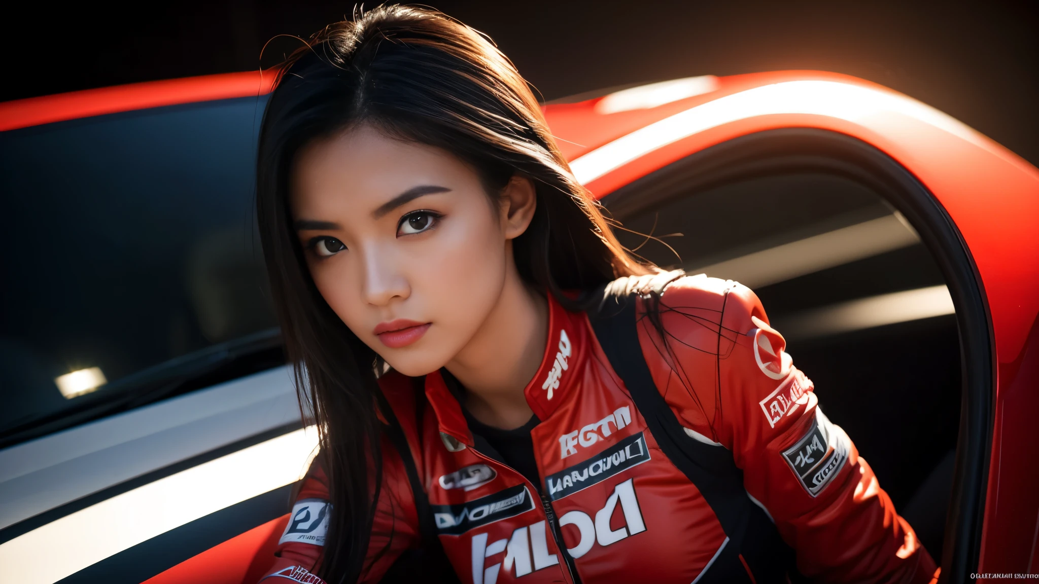 a asian woman, 1girl, formula race car, racing banner, dramatic black and red lighting, (best quality,4k,8k,highres,masterpiece:1.2),ultra-detailed,(realistic,photorealistic,photo-realistic:1.37),extremely detailed eyes and face,longeyelashes,dramatic pose,dynamic action,high speed motion blur,studio lighting,cinematic composition,vivid colors,chiaroscuro lighting,hyper-realistic,professional photography