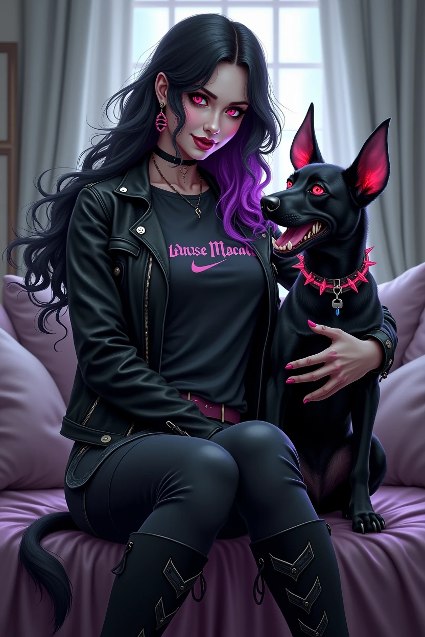 Character Descriptions: Owner: Appearance: A goth metal female with long, flowing black hair and striking purple highlights. Her style is dark and edgy, reflecting her love for heavy metal and all things spooky. She often wears band t-shirts, leather jackets, and dark makeup, with a preference for black and purple tones. Personality: Despite her dark appearance, she has a sharp sense of humor and a playful side, especially when it comes to her beloved dog, Callizto. She’s a skilled gamer, particularly in World of Warcraft, where she leads raids with her guild, "La Danse Macabre." Callizto: Appearance: A sleek, black female Labrador with shiny fur and bright, intelligent eyes. In her demon form, she sports small, menacing horns, glowing red eyes, a spiked collar, and a flaming tail, adding a supernatural flair to her usuPanel 1:
Scene: A typical suburban living room. Callizto, a cheerful black Labrador, is lying on the rug, looking adorable with a big smile. The owner, a goth metal female with long black hair and purple highlights, is sitting on the couch with a laptop, playing World of Warcraft. The guild name "La Danse Macabre" is visible on the screen.
Dialogue (Owner, thinking): "Time to raid with La Danse Macabre... Wait, where's my battle pet?"
Panel 2:
Scene: Close-up of Callizto, still looking sweet and innocent, but with a mischievous glint in her eyes. A faint glow starts to appear around her head.
Sound effect: Zzzzap!
Panel 3:
Scene: Callizto has transformed, now sporting small but fierce-looking horns on her head, her eyes glowing red. The living room has a slight dark, eerie tint, with shadows creeping around.
Dialogue (Owner, shocked): "What the...!? Callizto, what happened?!"
Panel 4:
Scene: Callizto, now a full demon dog with a flaming tail and spiked collar, grins devilishly. The owner is frantically clicking on the keyboard, trying to summon her back to normal.
Dialogue (Owner): "La Danse Macabre didn’t mean literally dancing with the dead!"