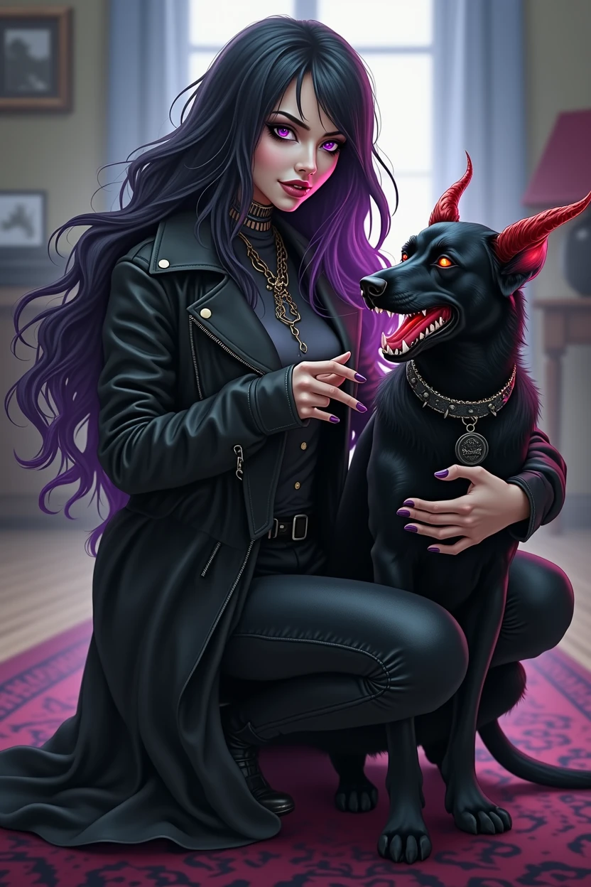 Character Descriptions: Owner: Appearance: A goth metal female with long, flowing black hair and striking purple highlights. Her style is dark and edgy, reflecting her love for heavy metal and all things spooky. She often wears band t-shirts, leather jackets, and dark makeup, with a preference for black and purple tones. Personality: Despite her dark appearance, she has a sharp sense of humor and a playful side, especially when it comes to her beloved dog, Callizto. She’s a skilled gamer, particularly in World of Warcraft, where she leads raids with her guild, "La Danse Macabre." Callizto: Appearance: A sleek, black female Labrador with shiny fur and bright, intelligent eyes. In her demon form, she sports small, menacing horns, glowing red eyes, a spiked collar, and a flaming tail, adding a supernatural flair to her usuPanel 1:
Scene: A typical suburban living room. Callizto, a cheerful black Labrador, is lying on the rug, looking adorable with a big smile. The owner, a goth metal female with long black hair and purple highlights, is sitting on the couch with a laptop, playing World of Warcraft. The guild name "La Danse Macabre" is visible on the screen.
Dialogue (Owner, thinking): "Time to raid with La Danse Macabre... Wait, where's my battle pet?"
Panel 2:
Scene: Close-up of Callizto, still looking sweet and innocent, but with a mischievous glint in her eyes. A faint glow starts to appear around her head.
Sound effect: Zzzzap!
Panel 3:
Scene: Callizto has transformed, now sporting small but fierce-looking horns on her head, her eyes glowing red. The living room has a slight dark, eerie tint, with shadows creeping around.
Dialogue (Owner, shocked): "What the...!? Callizto, what happened?!"
Panel 4:
Scene: Callizto, now a full demon dog with a flaming tail and spiked collar, grins devilishly. The owner is frantically clicking on the keyboard, trying to summon her back to normal.
Dialogue (Owner): "La Danse Macabre didn’t mean literally dancing with the dead!"