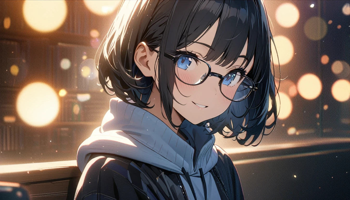 ((ultra-detailed))/(one women with short black hair and bob hair.、beautiful blue eyes,.、smile、gentle smile on her face、flat chest, one Beautiful girl,((masterpiece, illustration, best quality) ((ultra-detailed))/),「In a quiet library at night,The character with glasses, wearing a sweatshirt 。,濃い青とBeautiful Blueのグラデーション, High resolution, 8K HD detail, hyper-detail, cinematic, surrealism, soft light, deep field focus bokeh, ray tracing and surrealism. --v6'