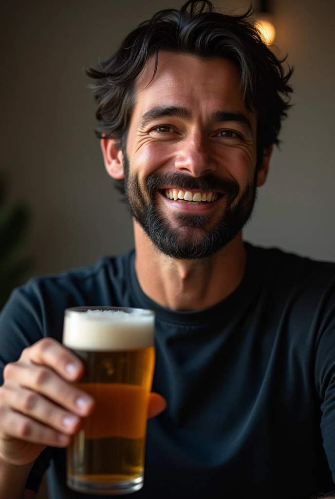 a dark-haired man of 39 years old, with dark hair, a bearded man, eyes black,  black jersey, with a glass of beer in his right hand, glad, whole body.