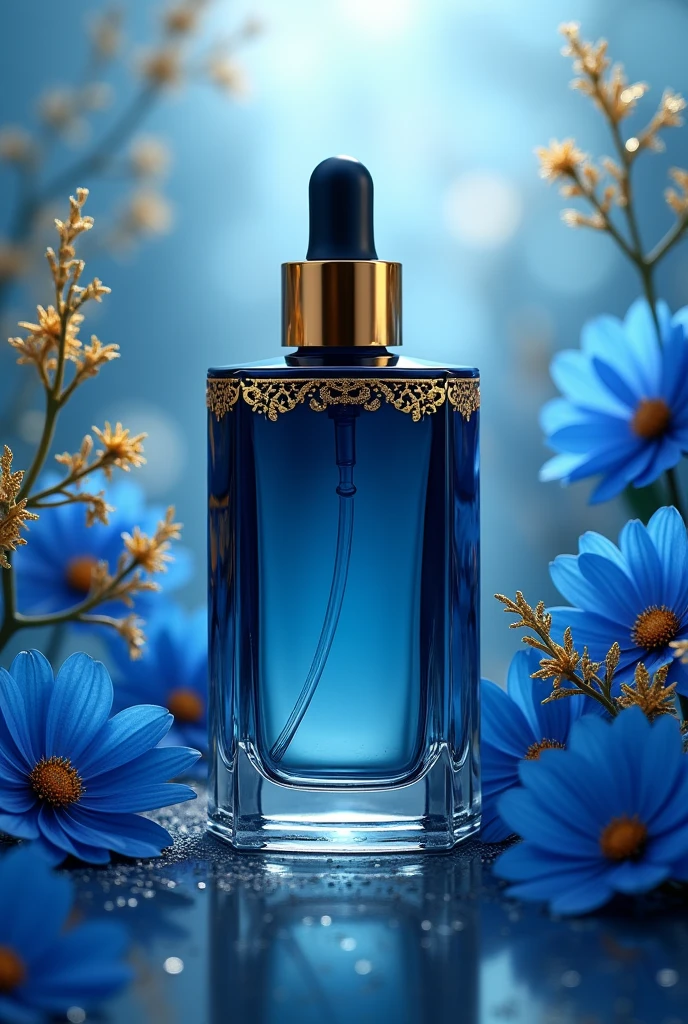 I want a new look for a large serum with blue and gold colors, background with blue plants with golden details.
