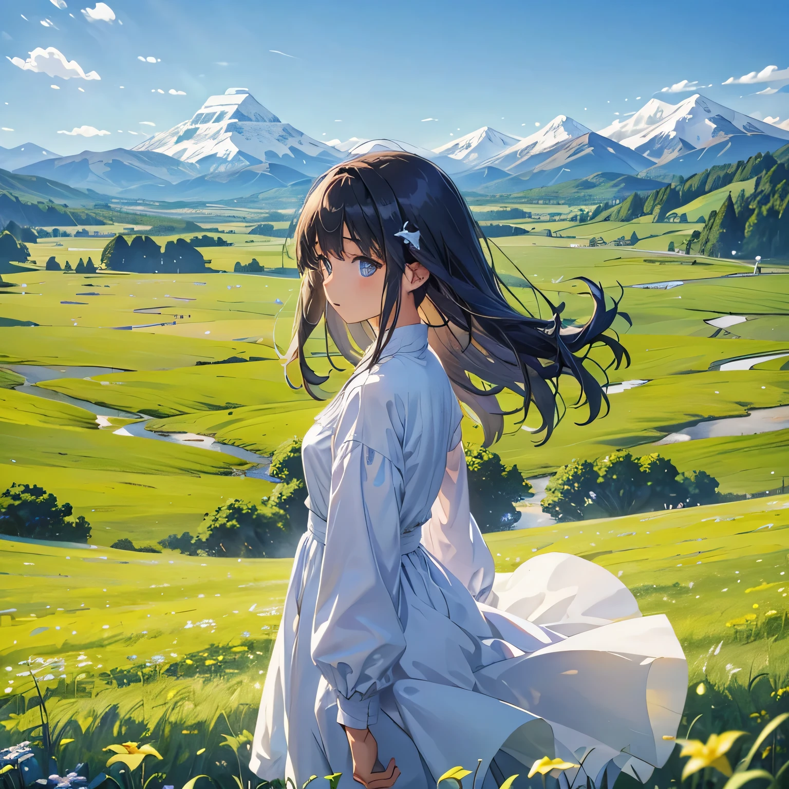 A girl standing in a meadow、girl in white dress、sky high and blue、clear sky、I can see mountains in the distance、far away、